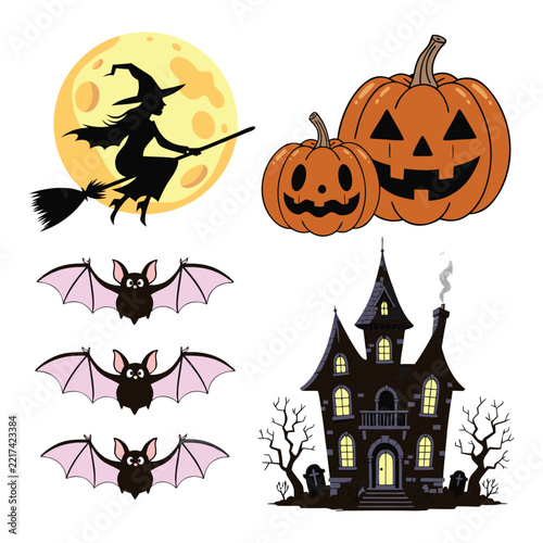 Halloween icons set with witch pumpkin bats and haunted house