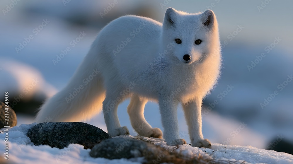 Fototapeta premium A white fox stands alert on snowy ground with rocks bathed in soft golden light against a blurred winter landscape