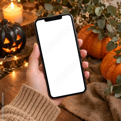 Mobile phone mockup held by hand with Halloween pumpkins warm light mockup ready to use