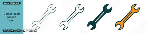 Combination wrench icons in various styles including outline, solid, and colored vector illustrations for maintenance and repair design web icon set in linear style