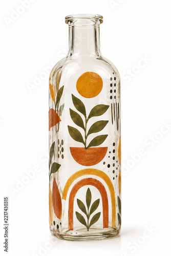 Clear glass bottle decorated with delicate hand-painted abstract patterns, subtle paint texture, handcrafted artistic appearance, isolated on pure white background, realistic studio lighting
