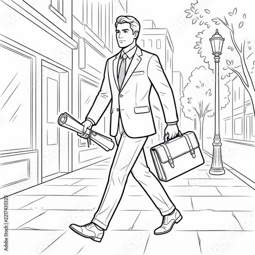 Businessman walking on city street coloring page