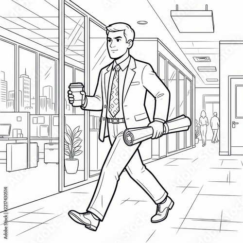 Businessman walking in office corridor coloring page