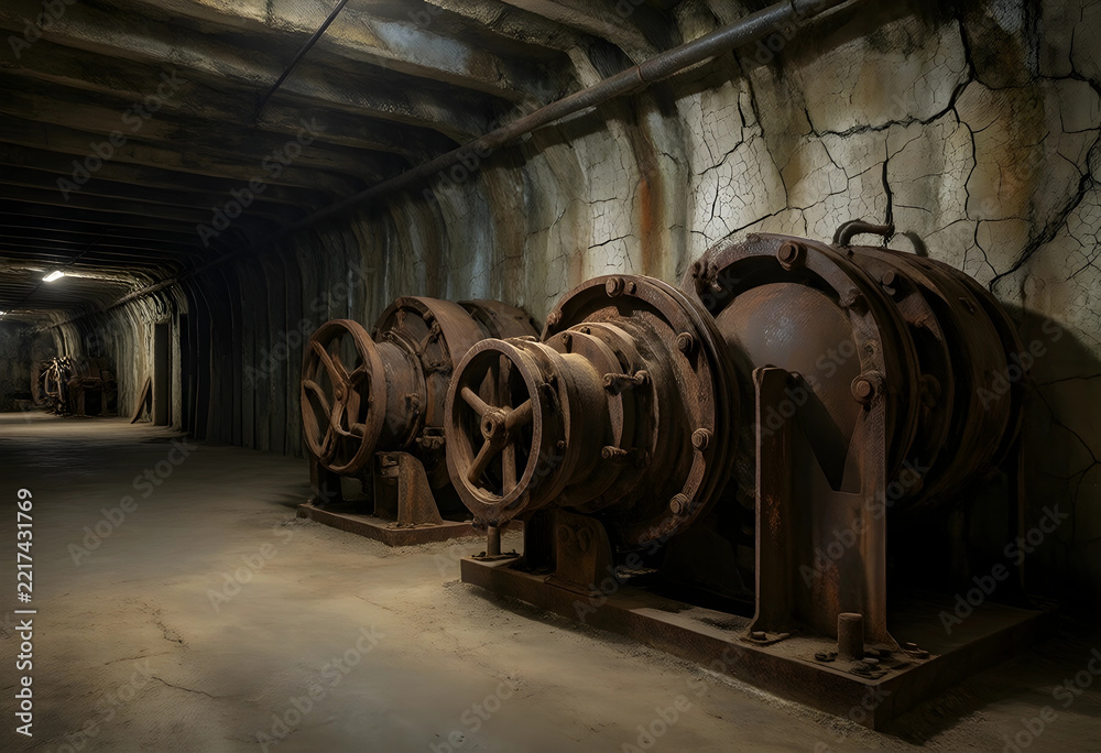 Fototapeta premium Industrial decay and urban exploration, abandoned mining machinery in a dark underground tunnel with weathered concrete walls and rusted metal equipment