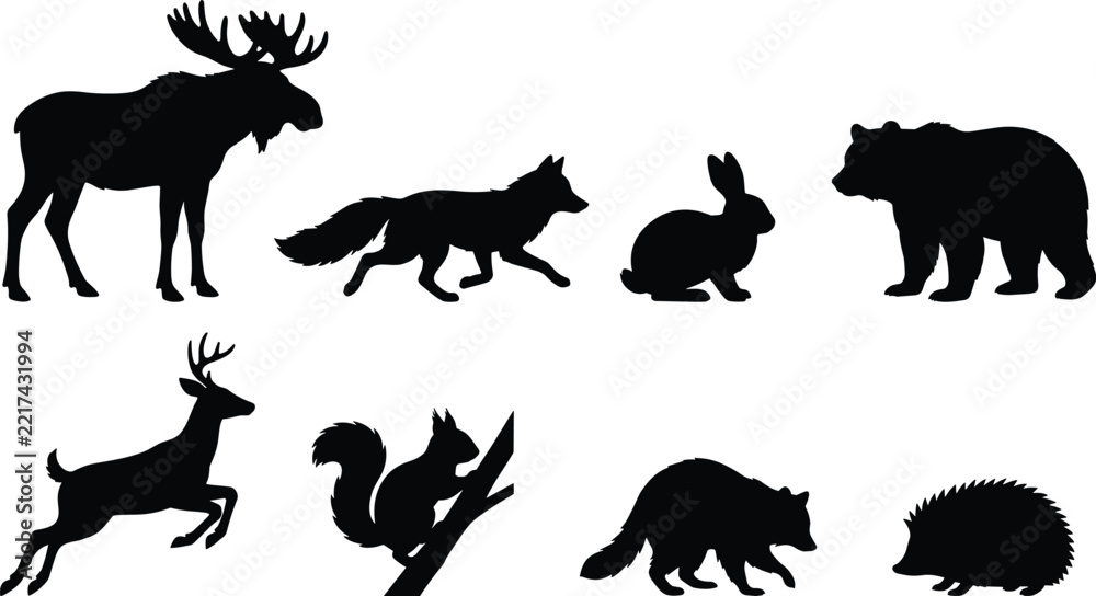 Obraz premium Wild Animal Silhouette Collection with Moose, Wolf, Rabbit, Bear, Deer, Squirrel, Fox and Hedgehog