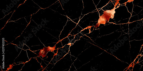 Abstract black marble with intricate red and gold veins, resembling a cosmic nebula or a geological wonder, creating a luxurious and sophisticated texture.