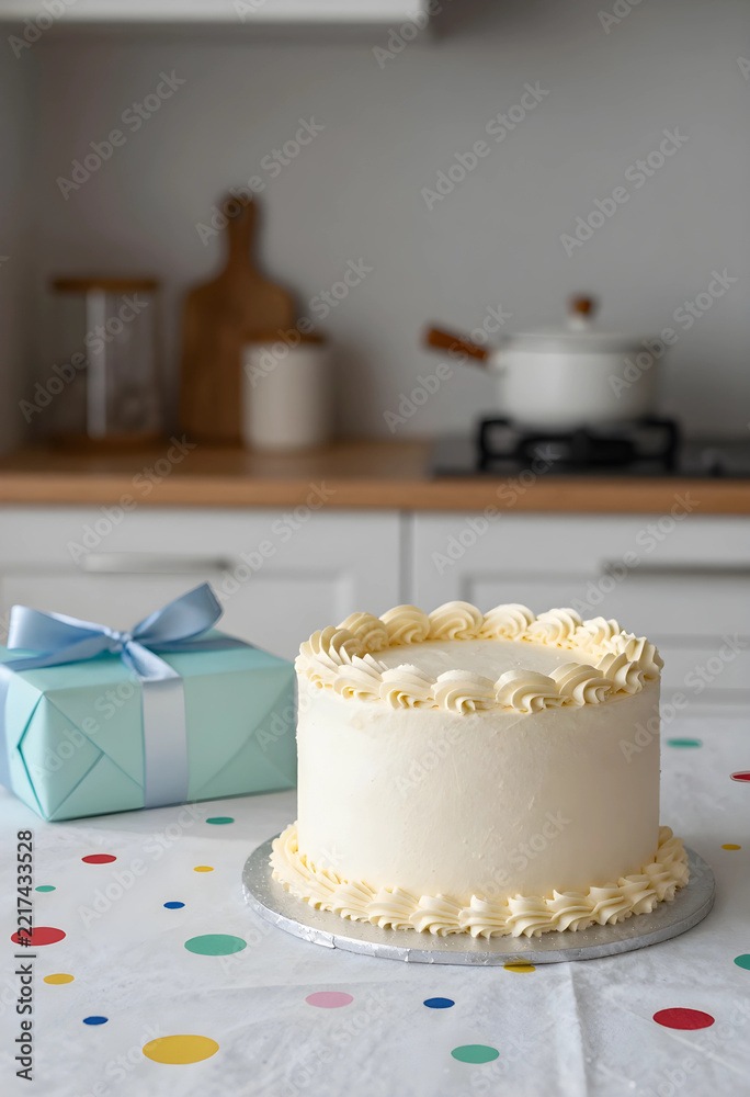 Fototapeta premium Birthday celebration and party planning, white frosted cake with gift box on a colorful polka dot tablecloth in a home kitchen for festive occasion