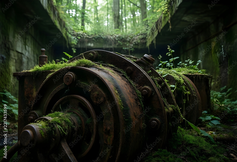 Fototapeta premium Industrial decay and nature reclamation, abandoned machinery covered in moss in a forest tunnel environmental recovery and post-humanism