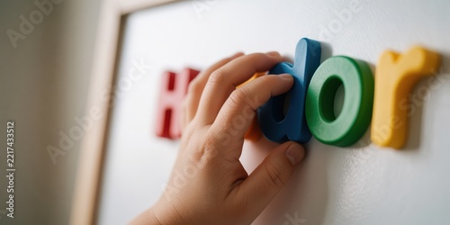 Toddler hand playing with colorful magnetic letters on white board spelling words for early childhood education and learning concept