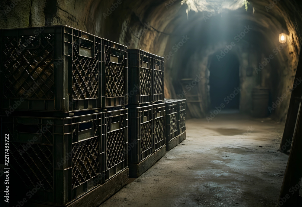 Fototapeta premium Supply chain logistics and storage, plastic crates stacked in a dark underground bunker or warehouse tunnel with atmospheric light and dusty floor