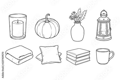 Autumn icons set showing a candle in a glass, pumpkin, floral vase, lantern, stacked blankets, cushions, stack of books, and a coffee mug in simple line style.