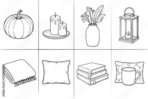 Autumn illustrations featuring a pumpkin, candles, floral vase, lantern, folded blanket, pillow, stack of books, and a ceramic mug arranged in a clean layout.