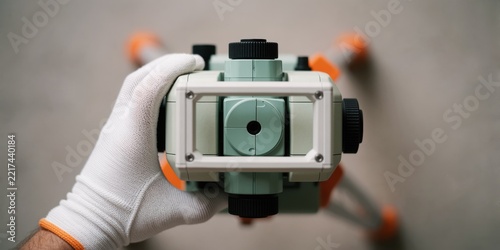 A gloved hand adjusting a precision surveying instrument on a tripod, representing modern engineering and precise measurement