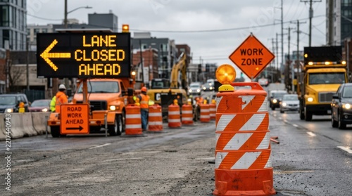 Urban street roadwork with orange barrels, 