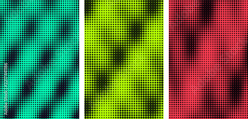 Vibrant halftone circular pattern set with turquoise lime and red gradients for graphic resource