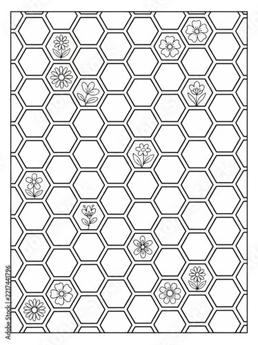 Coloring page honeycomb flowers concept illustration with colorful elements for creative decoration and seasonal celebration isolated background