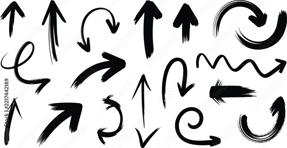 Fototapeta premium Assortment of hand-drawn black ink arrows featuring diverse shapes, curves, and directions isolated on a white background, for and annotation