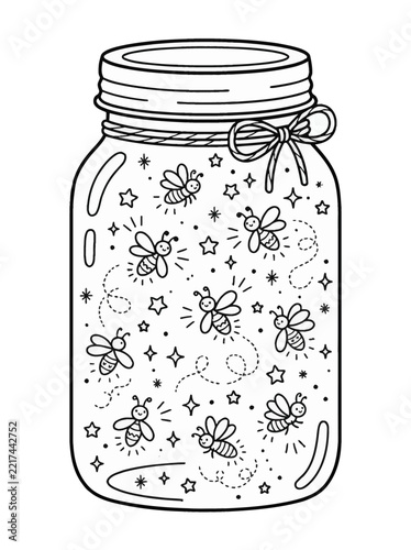 Jar fireflies coloring page concept illustration with colorful elements for creative decoration and seasonal celebration isolated background