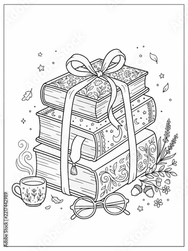 Stack books coloring page concept illustration with colorful elements for creative decoration and seasonal celebration isolated background