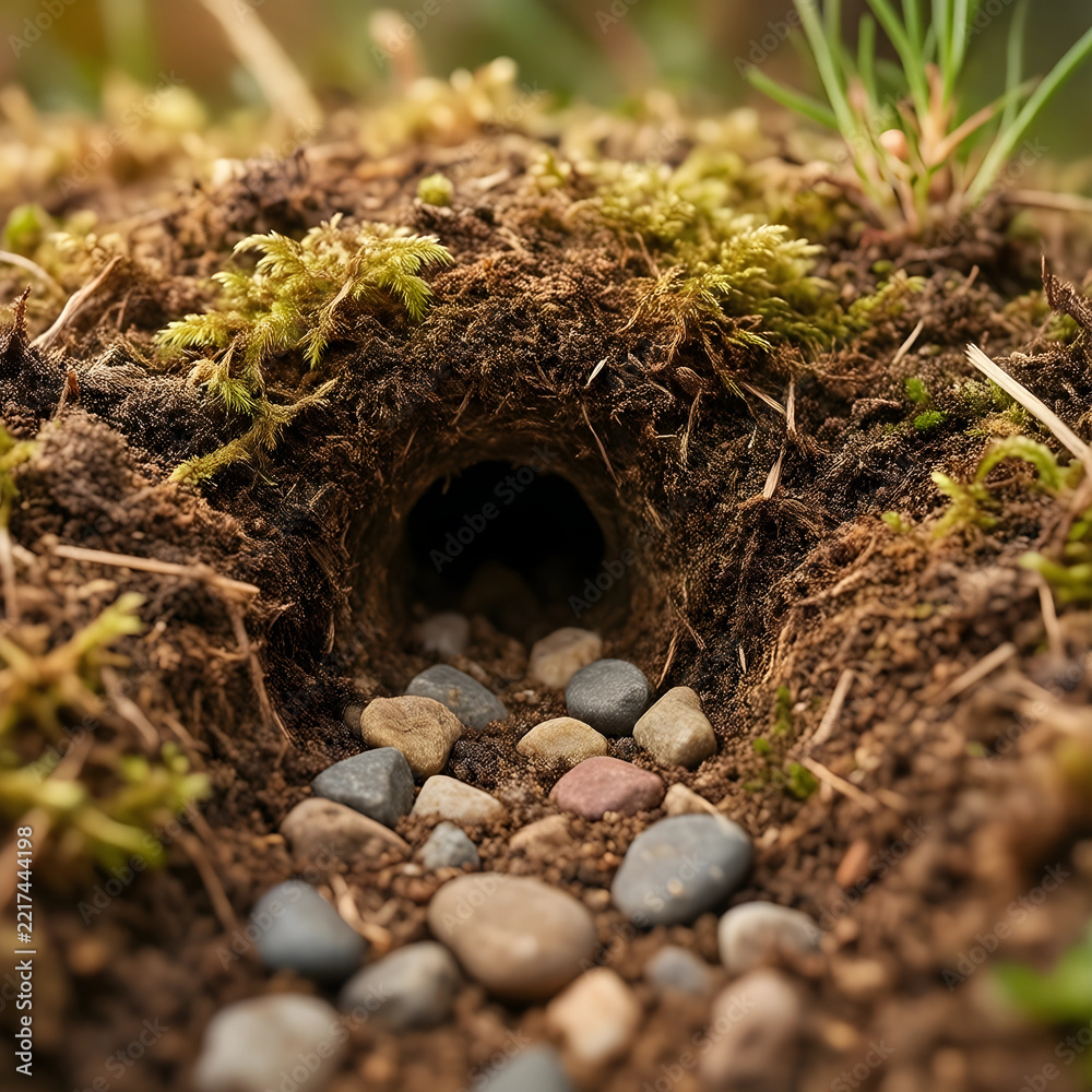 Fototapeta premium Wildlife habitat and nature conservation, small animal burrow entrance in forest soil with moss and pebbles for environmental biology and ecology