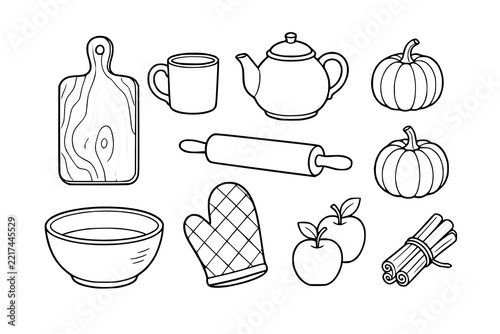 Cutting board and kitchen utensils displayed as a black and white coloring page for children.