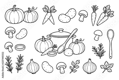 Cooking ingredients collection features pumpkins carrots potatoes mushrooms and herbs in line art style.