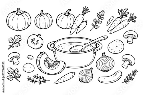 Soup preparation elements display sliced pumpkin vegetables pot and herbs as simple outlines.