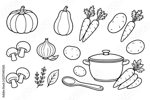 Vegetables set includes pumpkin carrots potatoes mushrooms onion and cooking pot drawn in black and white.