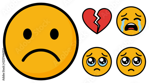 Fotografie Sad yellow face emoji with unhappy expression collection featuring broken red heart and crying weeping face characters
