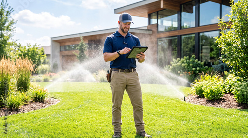 Smiling irrigation specialist manages smart lawn watering with a digital tablet at a modern home