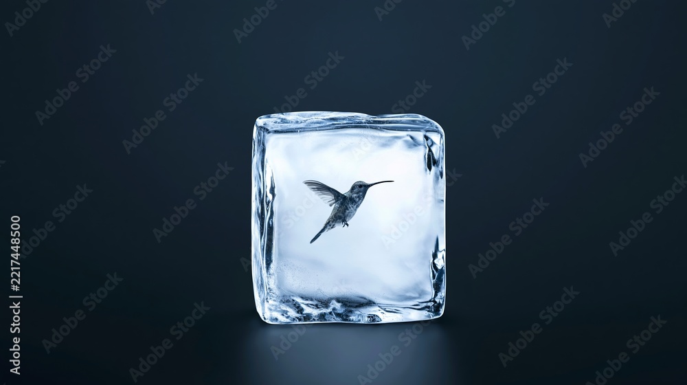 Fototapeta premium Hummingbird frozen inside a clear ice cube representing preservation and suspended animation