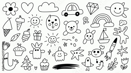 Whimsical hand drawn doodle collection containing various cute characters, shapes, and like ice cream, rainbow, sailboat, rocket, and sun on a white background