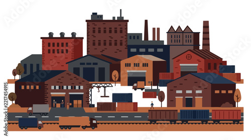 A flat illustration of a busy industrial manufacturing factory site