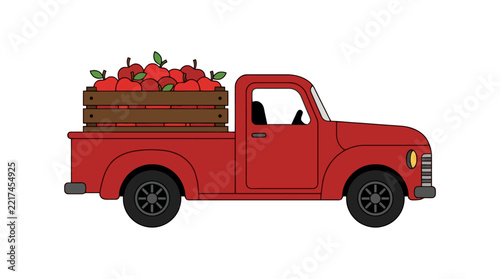 A red vintage pickup truck carries a crate of fresh fruit