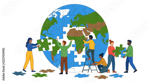 Diverse people assemble a large puzzle of the planet earth globe