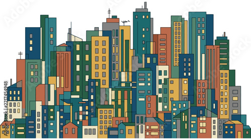 A colorful illustration of a dense urban city skyline scene