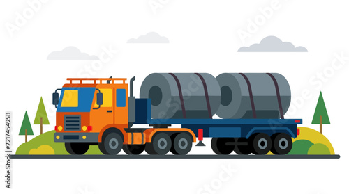 A heavy orange truck carries large metal coils on road