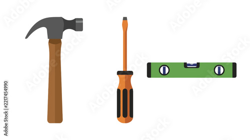 A set of three essential construction tools on white background