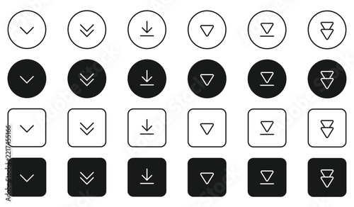 Down arrow navigation button icon set for web app design, linear rounded square, circle element, interface controls.