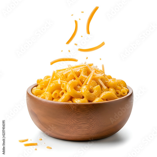 Pasta with melted cheese sauce falling in a wooden bowl during a studio shoot