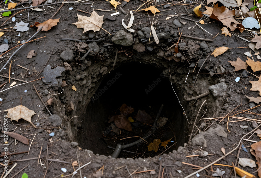 Fototapeta premium Wildlife habitat and nature conservation, deep dark animal burrow entrance in forest ground with autumn leaves and soil texture for environmental research