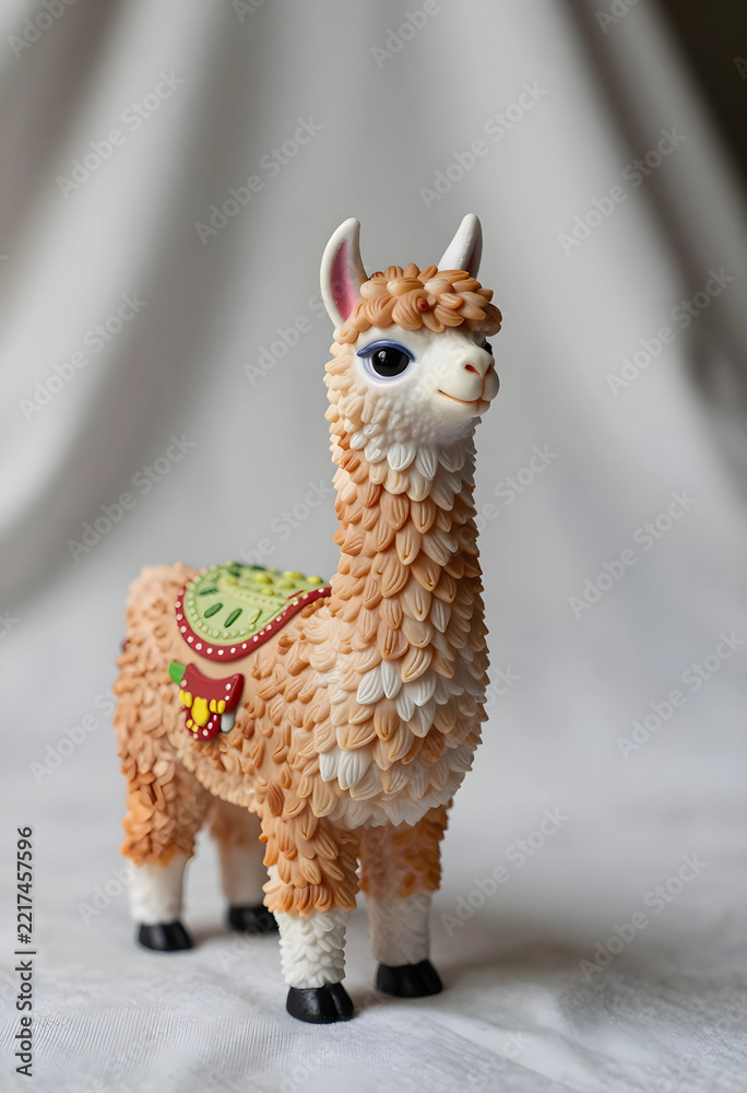Naklejka premium Childhood play and imagination, cute llama figurine with saddle for nursery decor and creative storytelling in a playful home environment setting