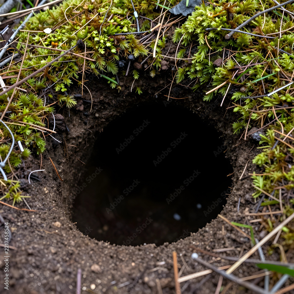 Fototapeta premium Wildlife habitat and animal burrow, dark hole in forest ground with moss and pine needles for nature conservation and biodiversity research in wilderness