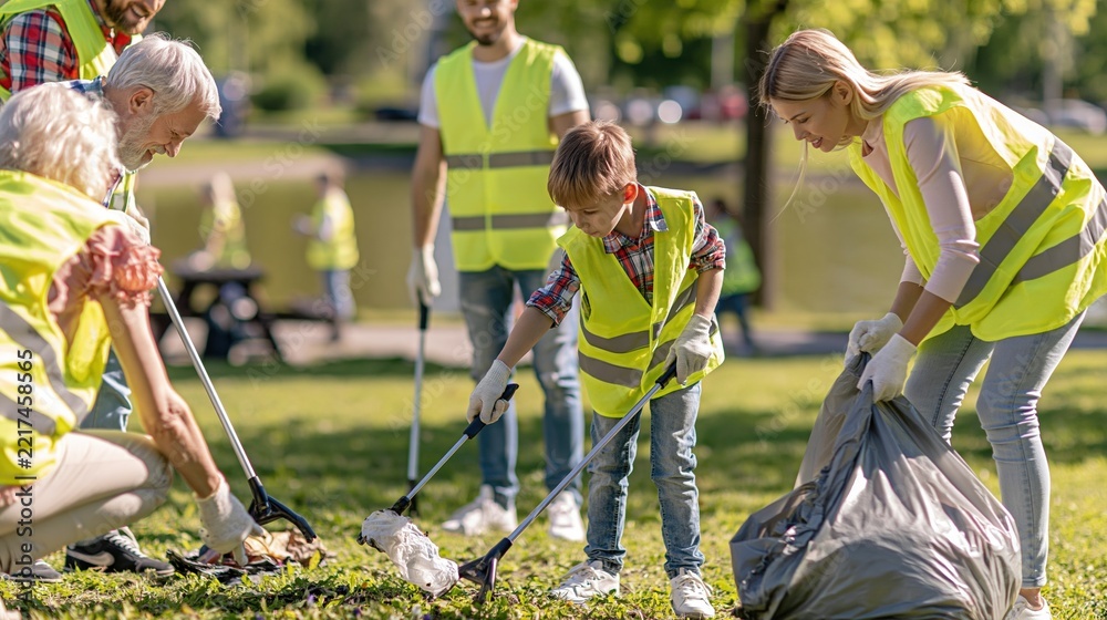 Fototapeta premium Diverse group of volunteers, including children and seniors, cleaning a park and collecting trash in reflective vests