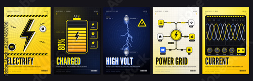 Bold electrify template set. Vector vertical poster and cover layouts with lightning bolt, battery, high voltage arc, power grid and oscilloscope wave on yellow, black and white background