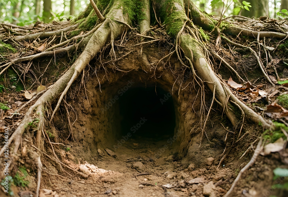 Fototapeta premium Wildlife habitat and nature conservation, animal burrow entrance under tree roots in forest for environmental protection and biodiversity research