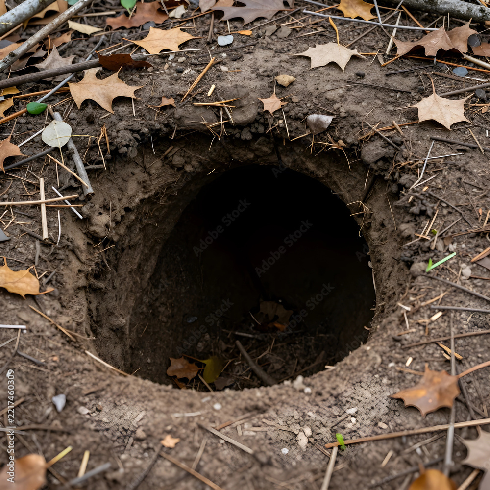 Fototapeta premium Wildlife habitat and animal burrow, deep hole in the forest ground with autumn leaves and soil for nature conservation and environmental biology research