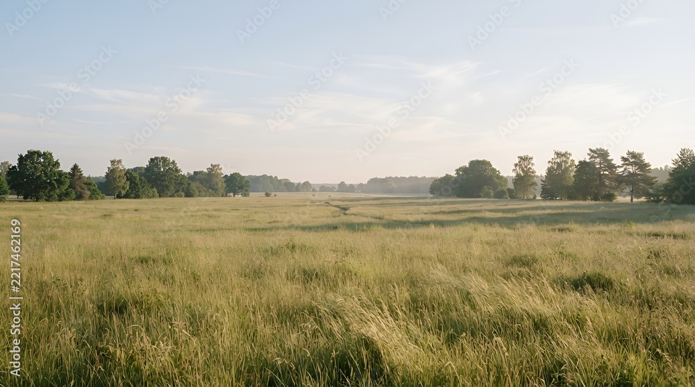 Fototapeta premium Wide angle view of a peaceful grassy meadow with trees under a soft