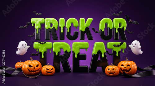 Trick or Treat Halloween 3D Text Graphic with Green Slime, Spooky Pumpkins, Bats and Ghosts on Purple Background for Party Poster Banner.