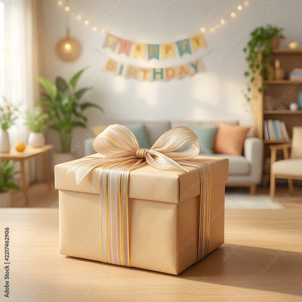 Fototapeta premium Birthday celebration and gift giving, wrapped present with ribbon on wooden table in cozy home interior with festive party decorations and soft lighting